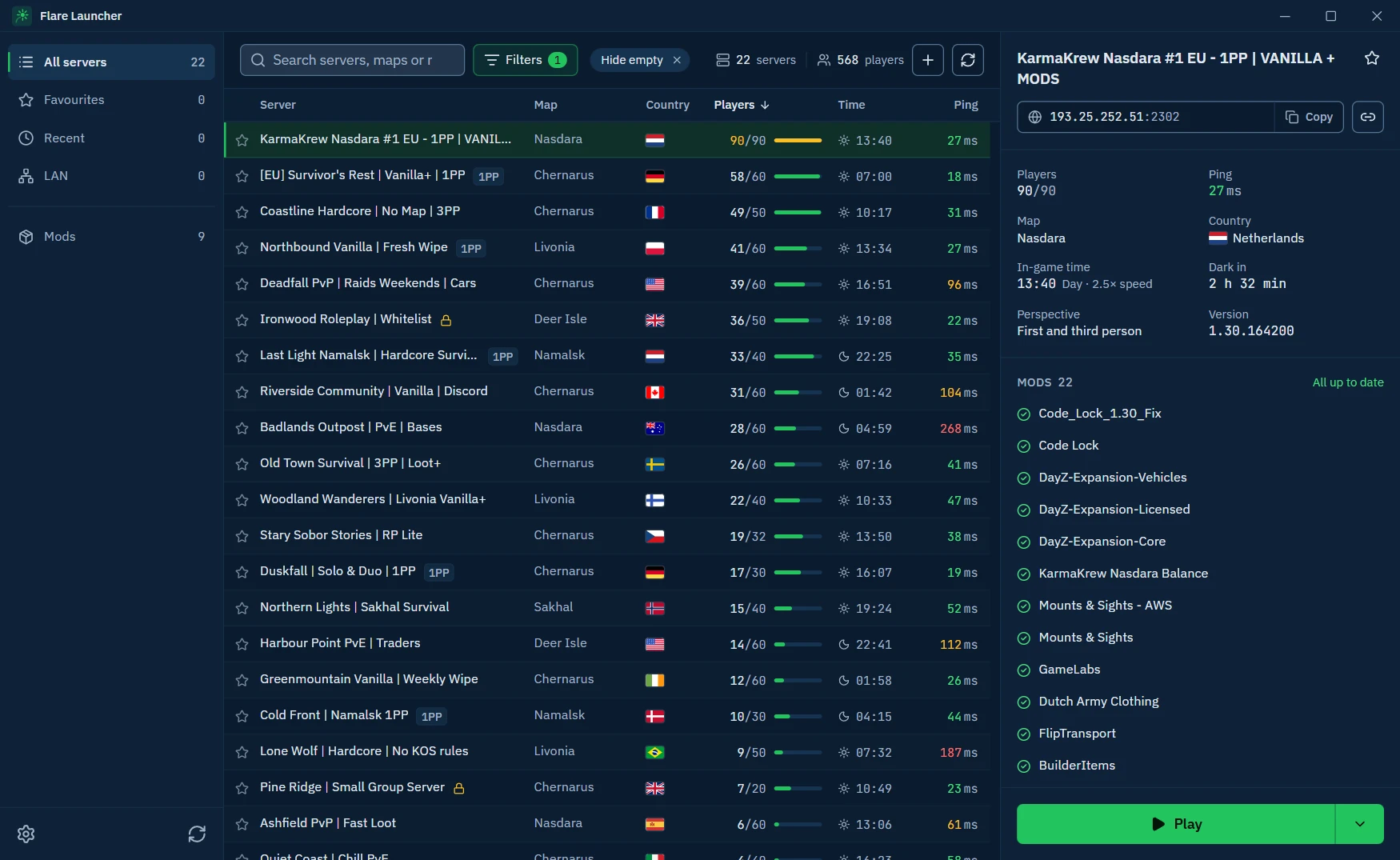 Flare Launcher showing a list of DayZ servers with their map, country, players, in-game time and ping, and beside it one server's details and mods, all up to date and ready to play.
